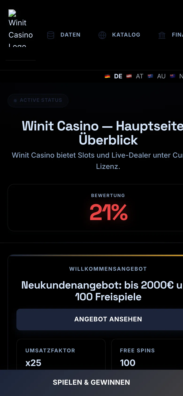 Winit Casino mobile lobby screenshot