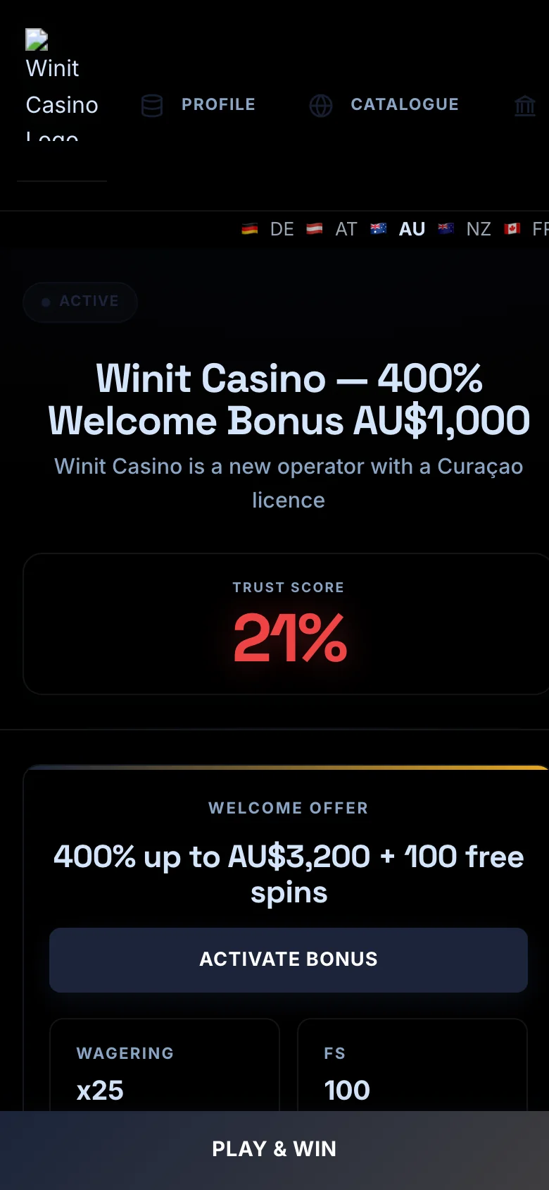 Winit Casino mobile lobby screenshot