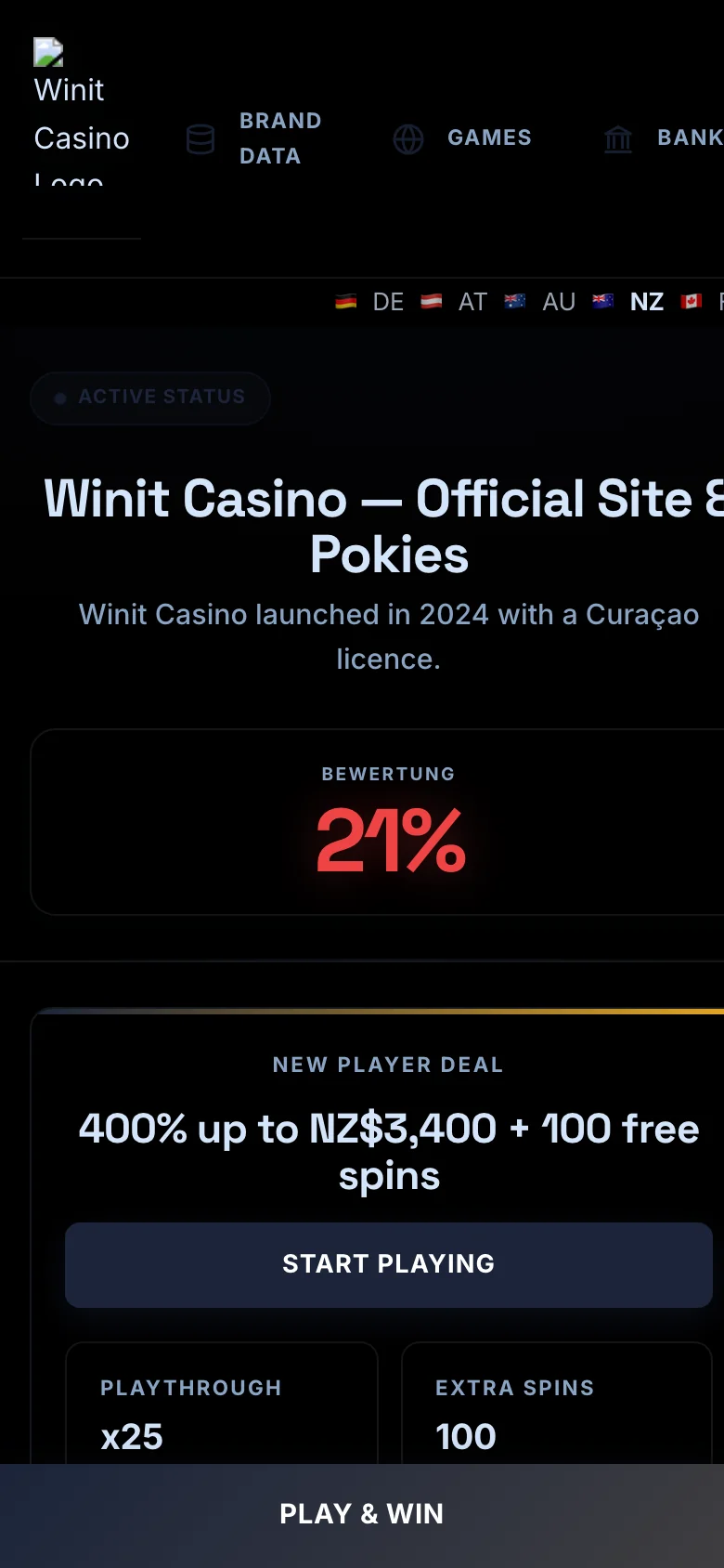 Winit Casino mobile lobby screenshot