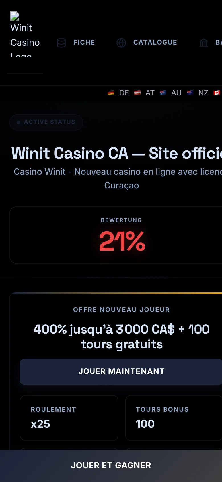 Winit Casino mobile lobby screenshot